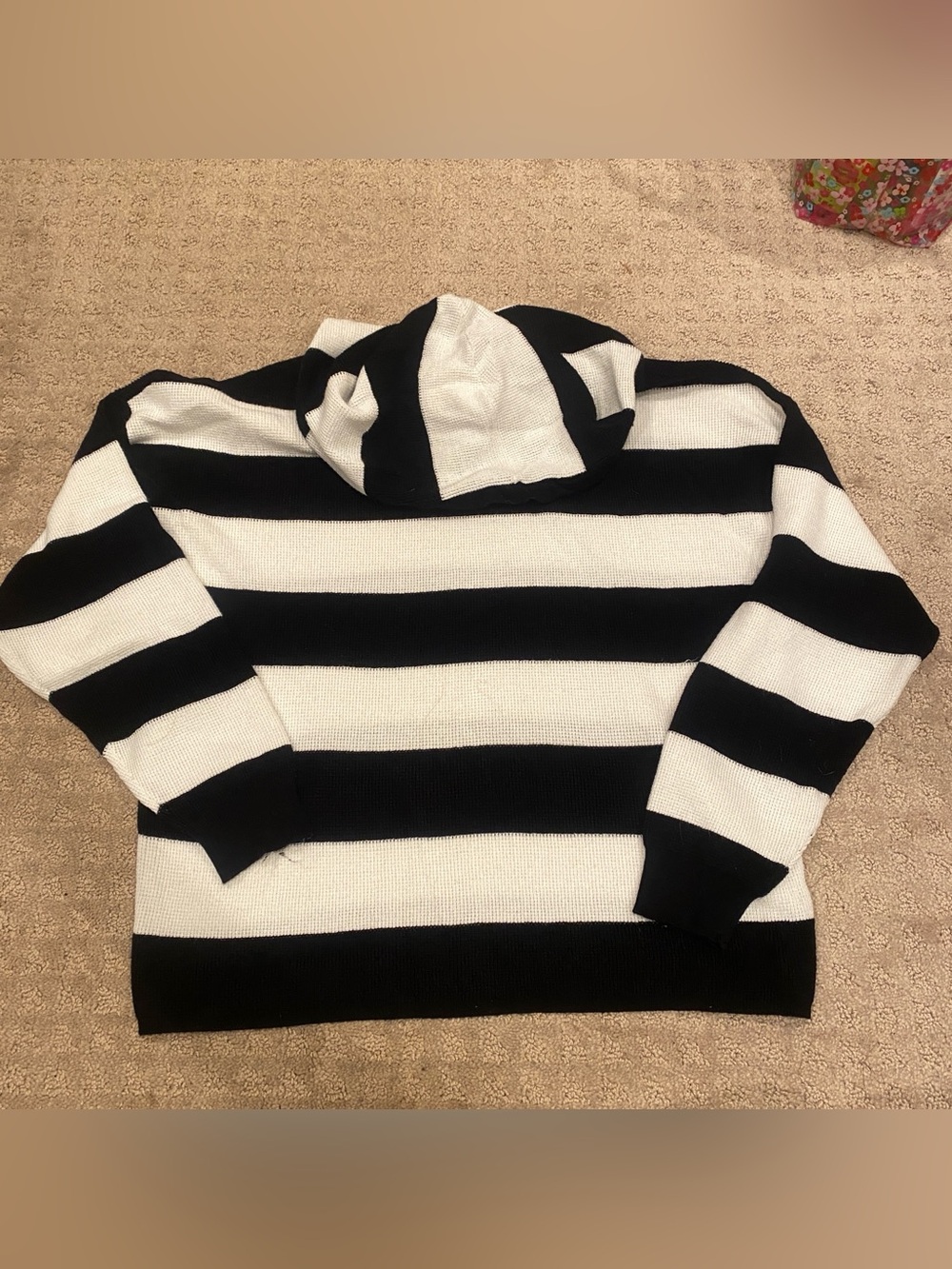 Sweater, Black and White Striped Knit Hoodie